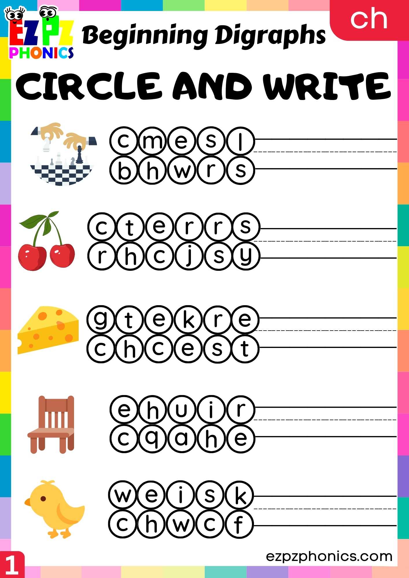 Group1 CH Words Circle And Write Consonant Digraphs Phonics Beginning Worksheet